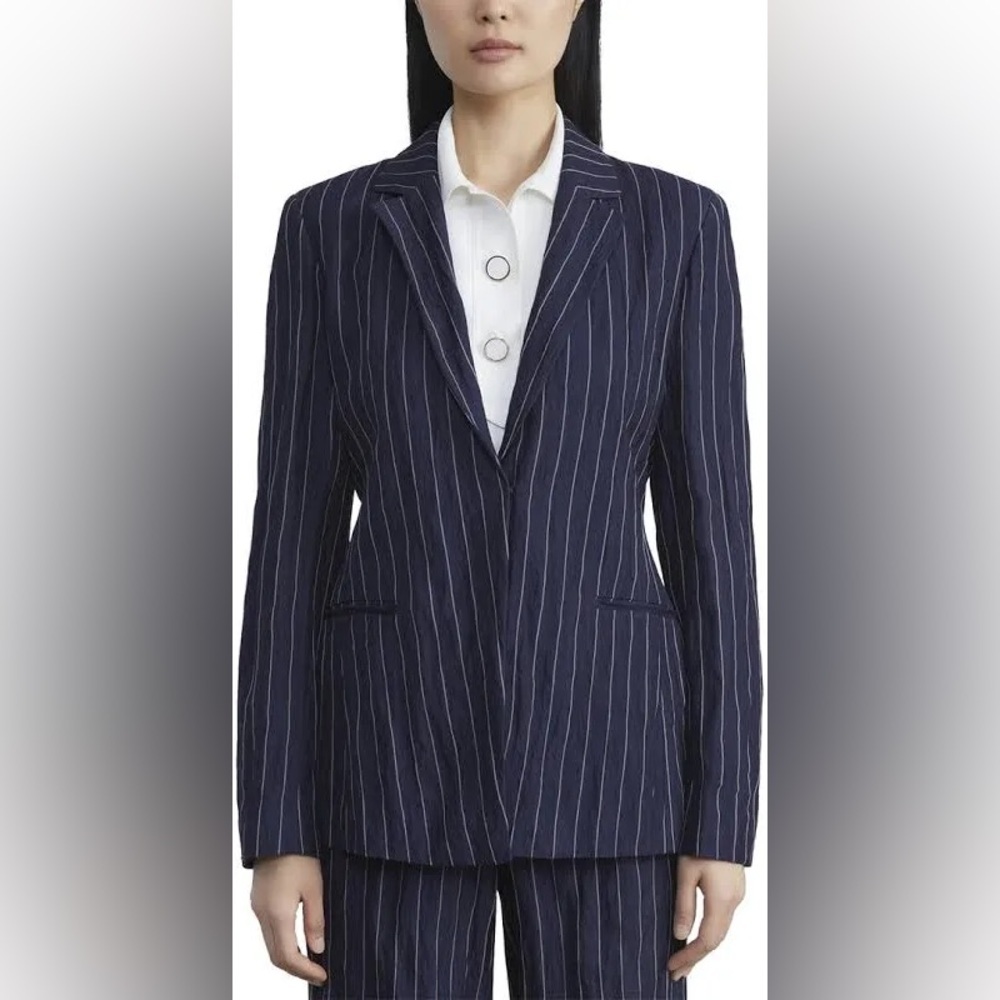 LAFAYETTE 148 NY Size 14 pinstripe Navy Blue 2 Button Blazer  100% Virgin‎ Wool